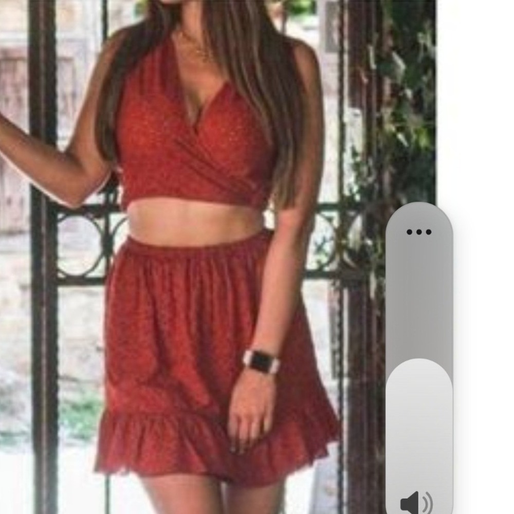 Zara Women Red Rust Crop Top Ruffle Mini Skirt One Piece- L